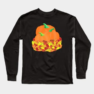 Autumn Pumpkins and Leaves (Black Background) Long Sleeve T-Shirt